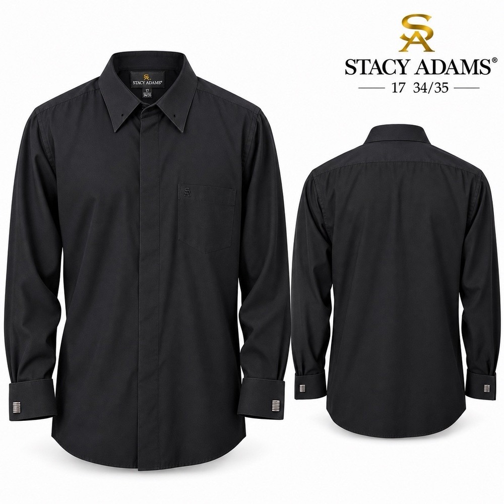 Stacy Adams Mens Dress Shirt 17 34/35 Black French Cuff Hidden Button Formal - Picture 1 of 11